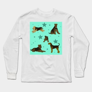 Airedale Terriers Pattern Stars Seafoam Long Sleeve T-Shirt